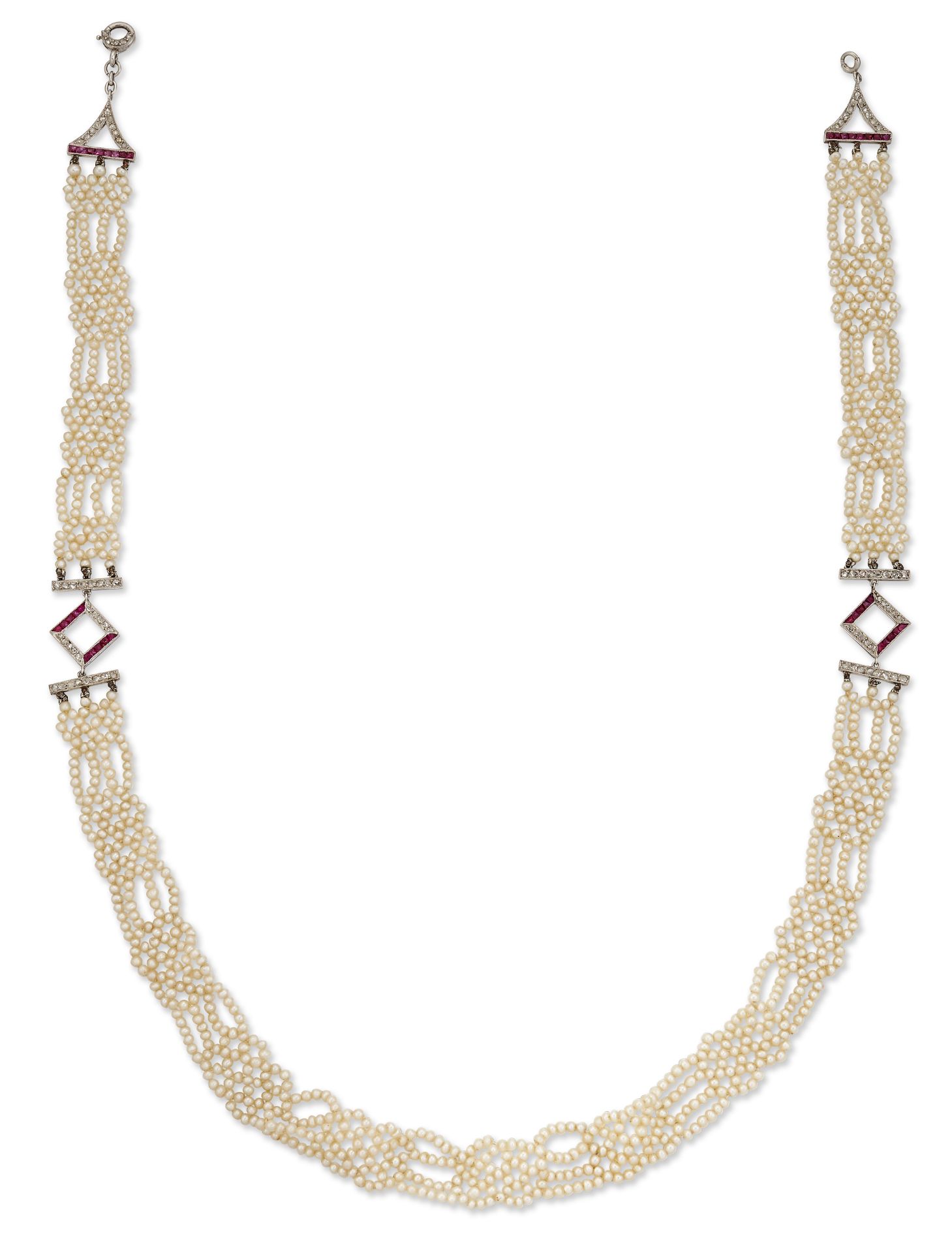 AN ART DECO SEED PEARL, RUBY AND DIAMOND SAUTOIR