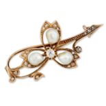 A LATE VICTORIAN PEARL AND DIAMOND CLOVER BROOCH