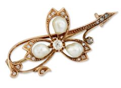 A LATE VICTORIAN PEARL AND DIAMOND CLOVER BROOCH