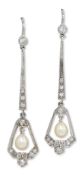 A PAIR OF DIAMOND AND PEARL PENDANT EARRINGS