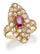 A RUBY AND DIAMOND NAVETTE RING