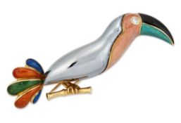 WEMPE: A DIAMOND, HEMATITE AND ENAMEL NOVELTY TOUCAN BROOCH