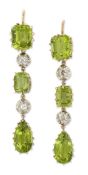 A PAIR OF PERIDOT AND DIAMOND PENDANT EARRINGS