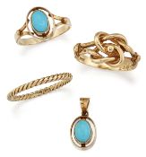 A TURQUOISE RING AND PENDANT SUITE AND TWO 9 CARAT GOLD RINGS