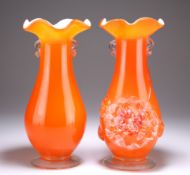 TWO GLASS VASES, each cased body with orange ground and applied with twin handles, one with