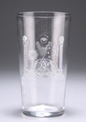 A MASONIC BEAKER, 20TH CENTURY, the tapering cylindrical glass with Masonic symbols to the front.