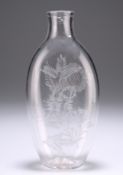 A 19TH CENTURY GLASS FLASK, ovoid, engraved with foliage to each side and to one side a monogram.