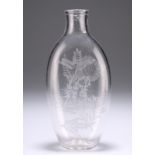A 19TH CENTURY GLASS FLASK, ovoid, engraved with foliage to each side and to one side a monogram.