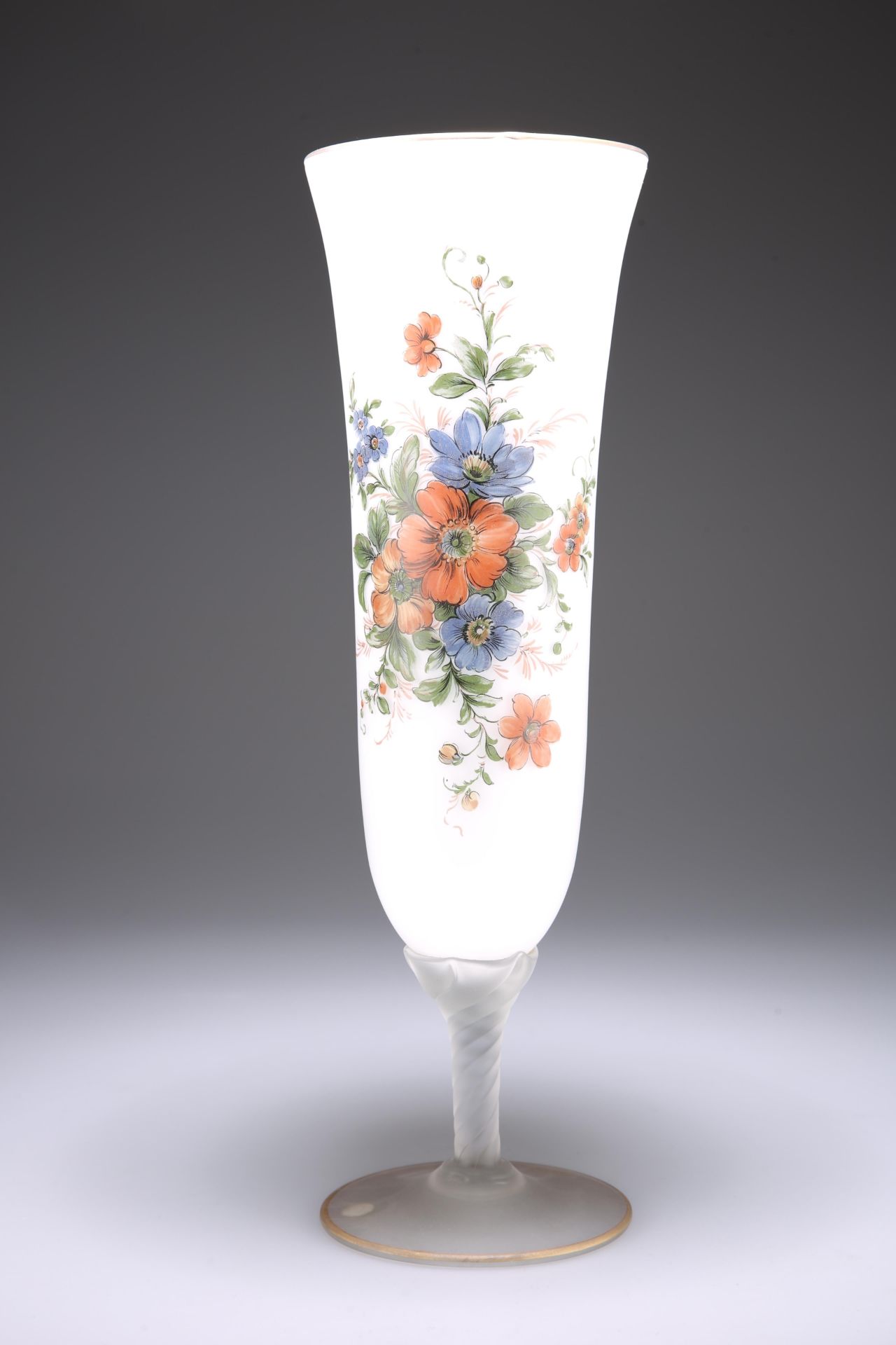 A RICHARDSON OPALINE FROSTED GLASS VASE, the bowl of elongated trumpet form, painted with a floral