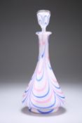 A 19TH CENTURY NAILSEA STYLE DECANTER, of tapered conical form with tall collar neck, decorated with