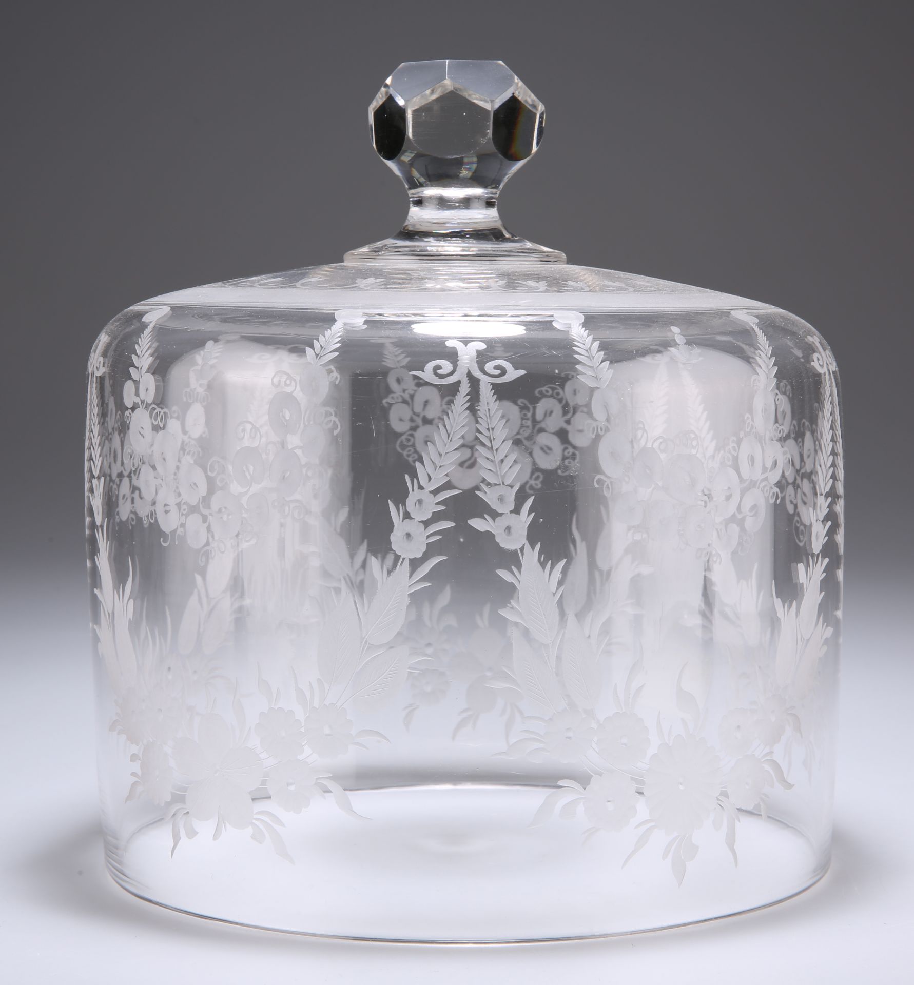 A BACCARAT GLASS CHEESE COVER, the dome etched with floral garlands, the top etched with a band of