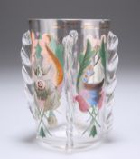 A CONTINENTAL GLASS BEAKER, 19TH CENTURY, cylindrical with four "pinched" ridges, enamel painted