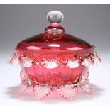 A VICTORIAN CRANBERRY GLASS LIDDED TRINKET DISH