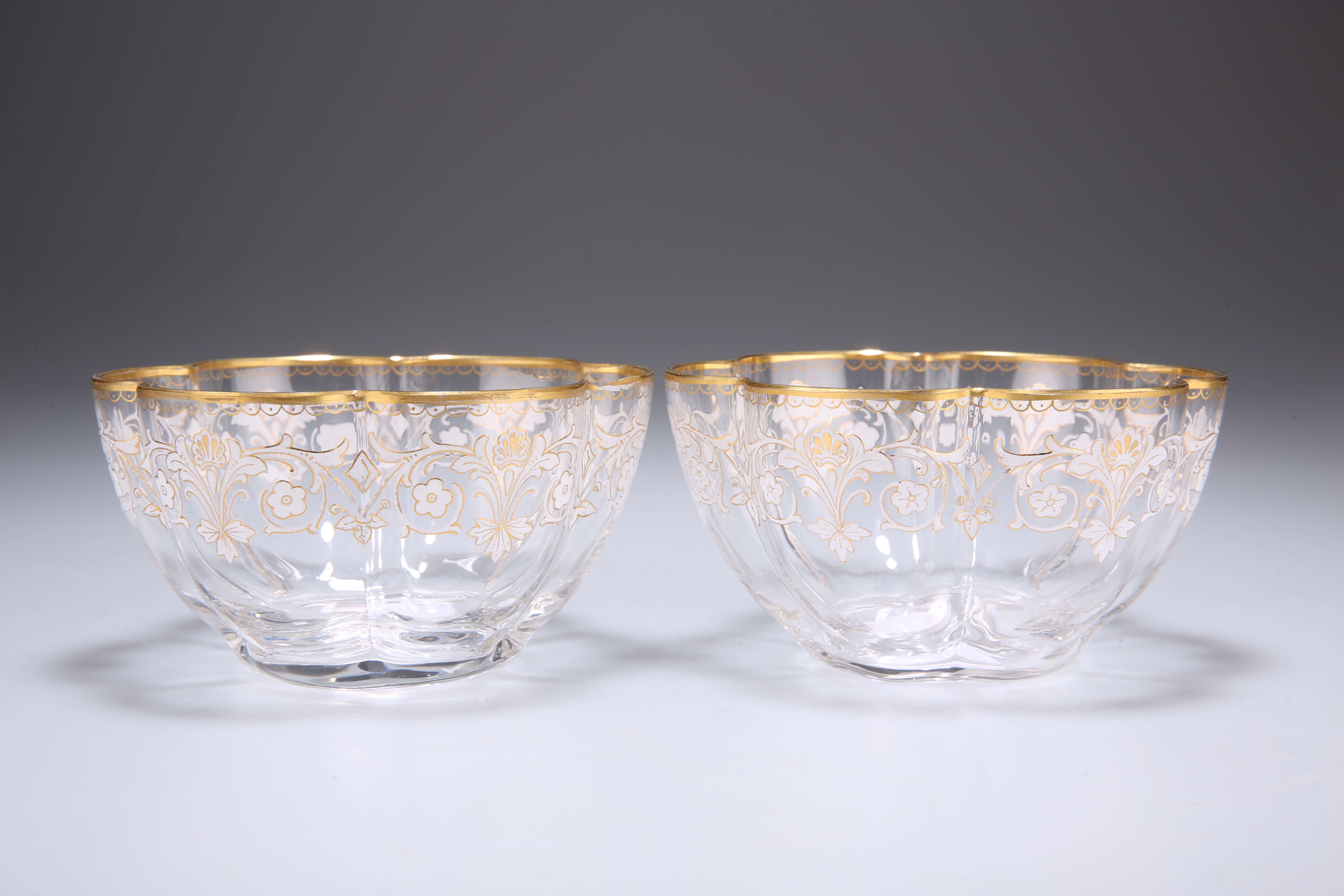 A PAIR OF ENAMELLED AND GILDED LOBED BOWLS