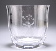 AN ORREFORS GLASS VASE, DESIGNED BY EDVIN OHRSTROM, engraved with a lady, bird and sprigs of