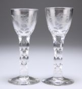 TWO JACOBITE STYLE CORDIAL GLASSES, POSSIBLY WHITEFRIARS, each bowl engraved with a bird and