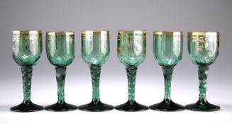 A RARE SET OF SIX BOHEMIAN GREEN AND GILDED WINE GLASSES, CIRCA 1790