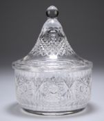 A CUT-GLASS BON BON JAR AND COVER, PROBABLY BACCARAT, circular, the heavily cut body with