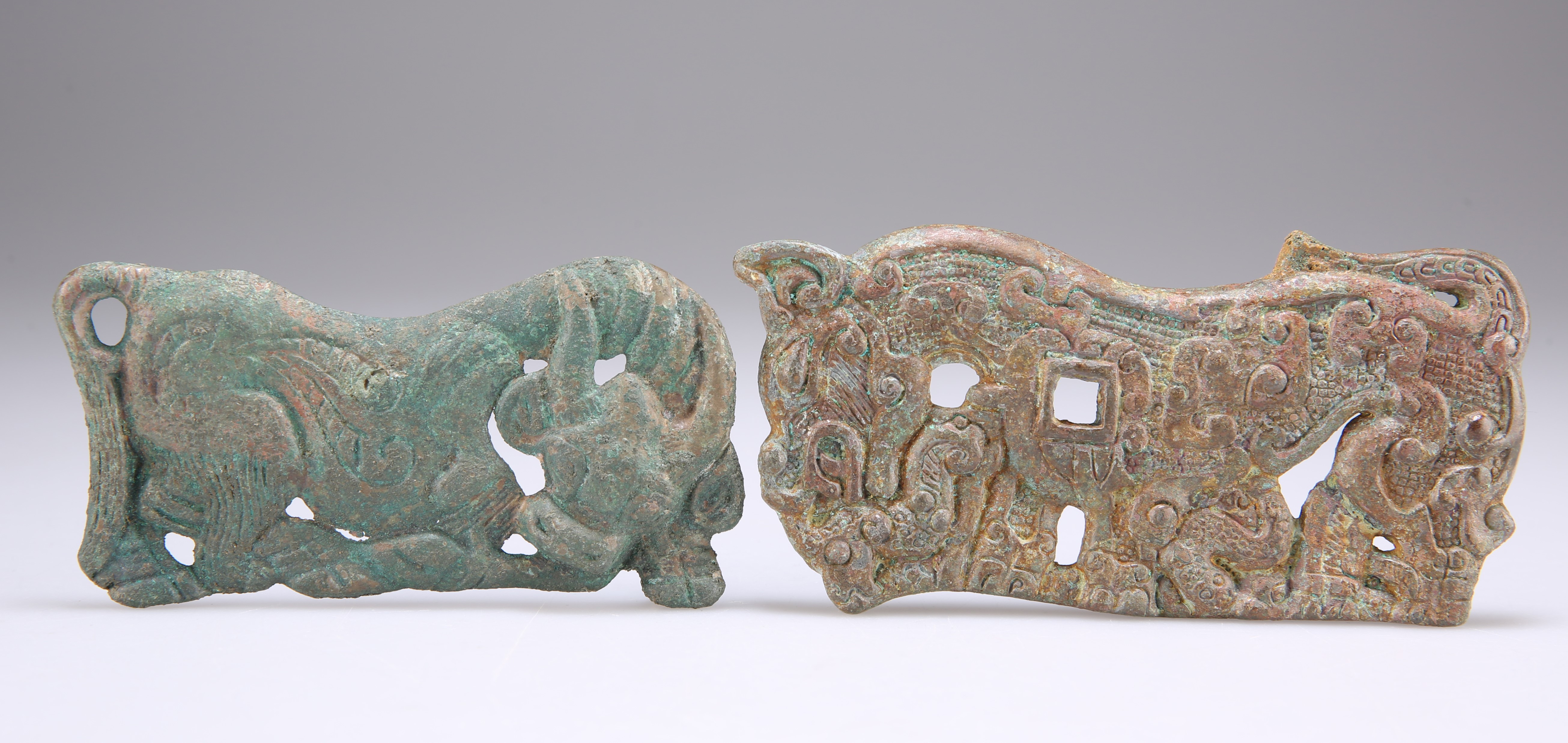 TWO INNER OR OUTER MONGOLIA BRONZE PLAQUES, WARRING STATES PERIOD AND HAN DYNASTY