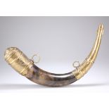 A 19TH CENTURY BRASS MOUNTED POWDER HORN