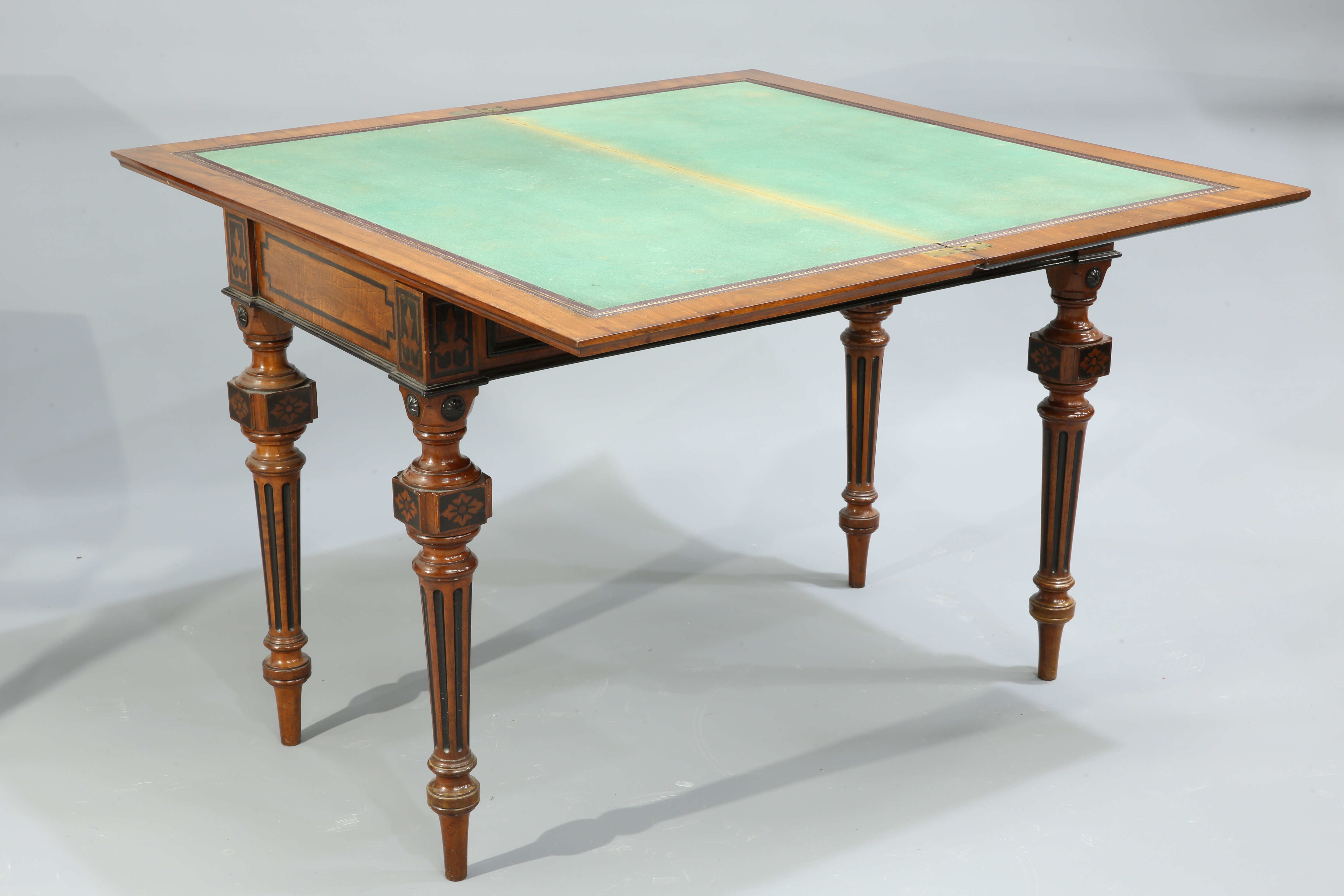 A GOOD VICTORIAN EBONISED AND MAHOGANY FOLD OVER CARD TABLE - Image 3 of 3