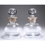 A PAIR OF 20TH CENTURY BULBOUS GLASS DECANTERS