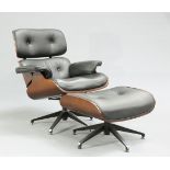 AN EAMES STYLE LEATHER AND BENTWOOD SWIVEL CHAIR AND FOOTSTOOL
