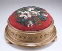A VICTORIAN GILTWOOD AND BEADWORK FOOTSTOOL