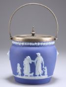 A WEDGWOOD BLUE JASPER BISCUIT BARREL