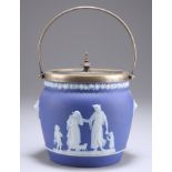 A WEDGWOOD BLUE JASPER BISCUIT BARREL