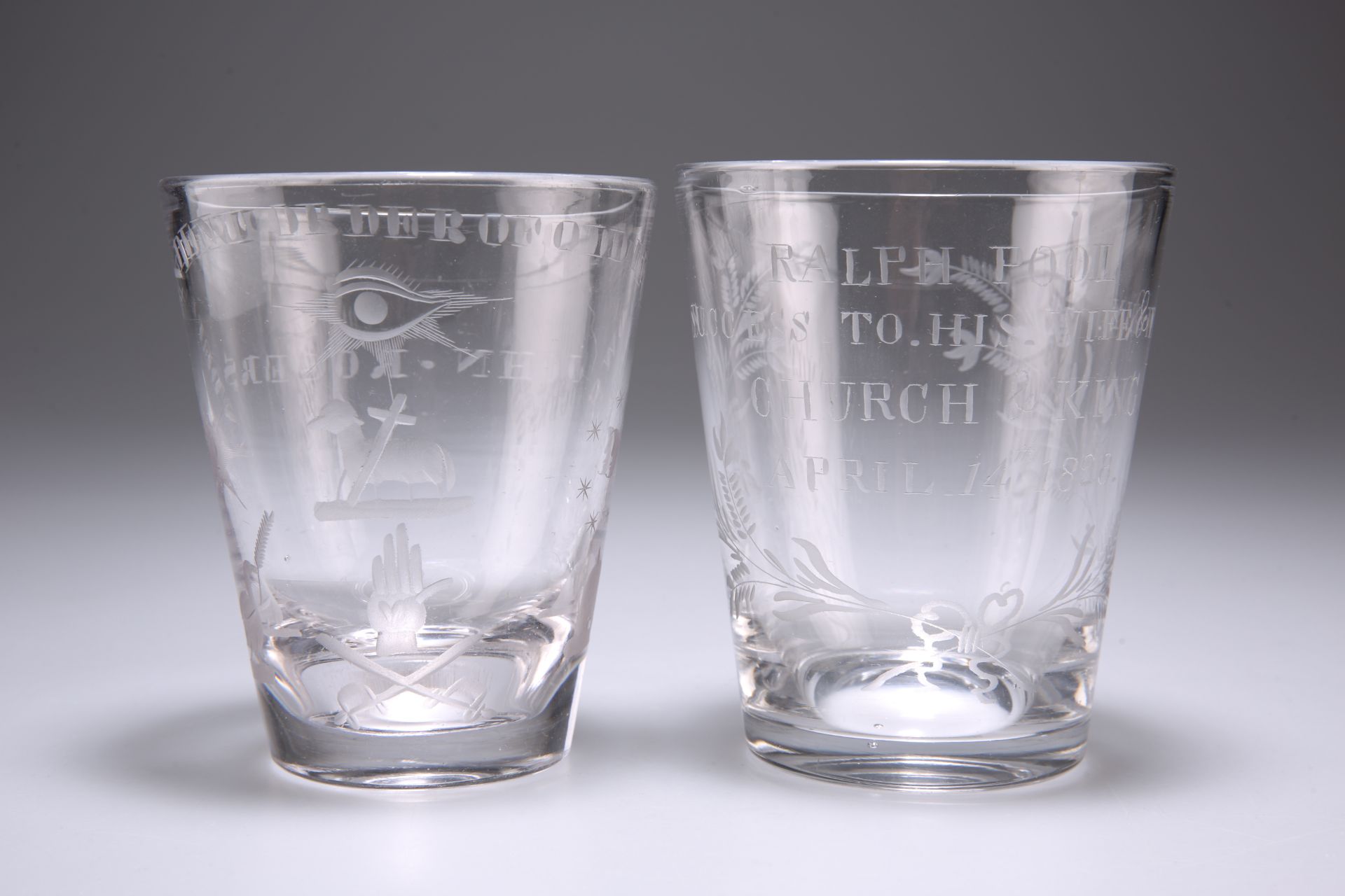 TWO ENGRAVED GLASS TUMBLERS, CIRCA 1820s