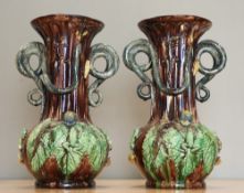 A LARGE PAIR OF PORTUGUESE MAJOLICA VASES, BY MANUEL MAFRA
