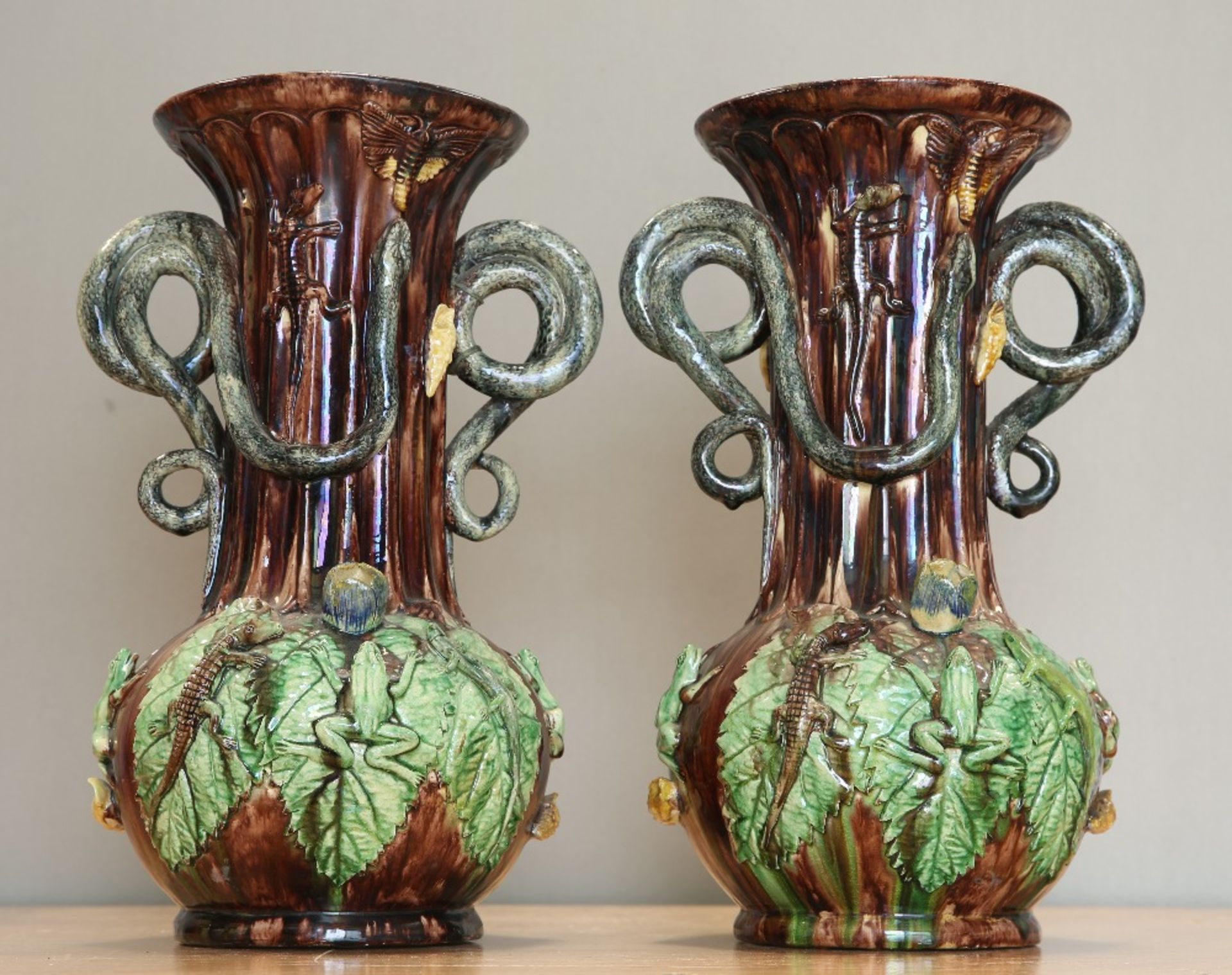 A LARGE PAIR OF PORTUGUESE MAJOLICA VASES, BY MANUEL MAFRA