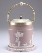 A 19TH CENTURY WEDGWOOD LILAC JASPER BISCUIT BARREL