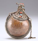 A TIBETAN COPPER AND WHITE METAL SNUFF BOTTLE