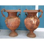 A LARGE PAIR OF CAST IRON TWO-HANDLED URNS