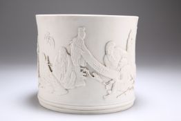 A CHINESE UNGLAZED BISCUIT PORCELAIN BRUSH POT