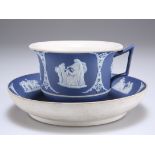 A WEDGWOOD BLUE JASPER CUP AND SAUCER