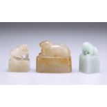 A GROUP OF THREE SMALL CHINESE JADE ZOOMORPHIC SEALS