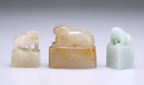 A GROUP OF THREE SMALL CHINESE JADE ZOOMORPHIC SEALS