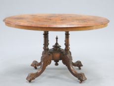 A VICTORIAN INLAID BURR WALNUT BREAKFAST TABLE