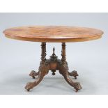 A VICTORIAN INLAID BURR WALNUT BREAKFAST TABLE