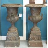 A LARGE PAIR OF CAST IRON CAMPANA URNS AND STANDS