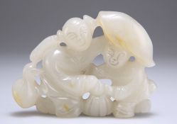 A CHINESE CARVED AND PIERCED PALE JADE FIGURE GROUP