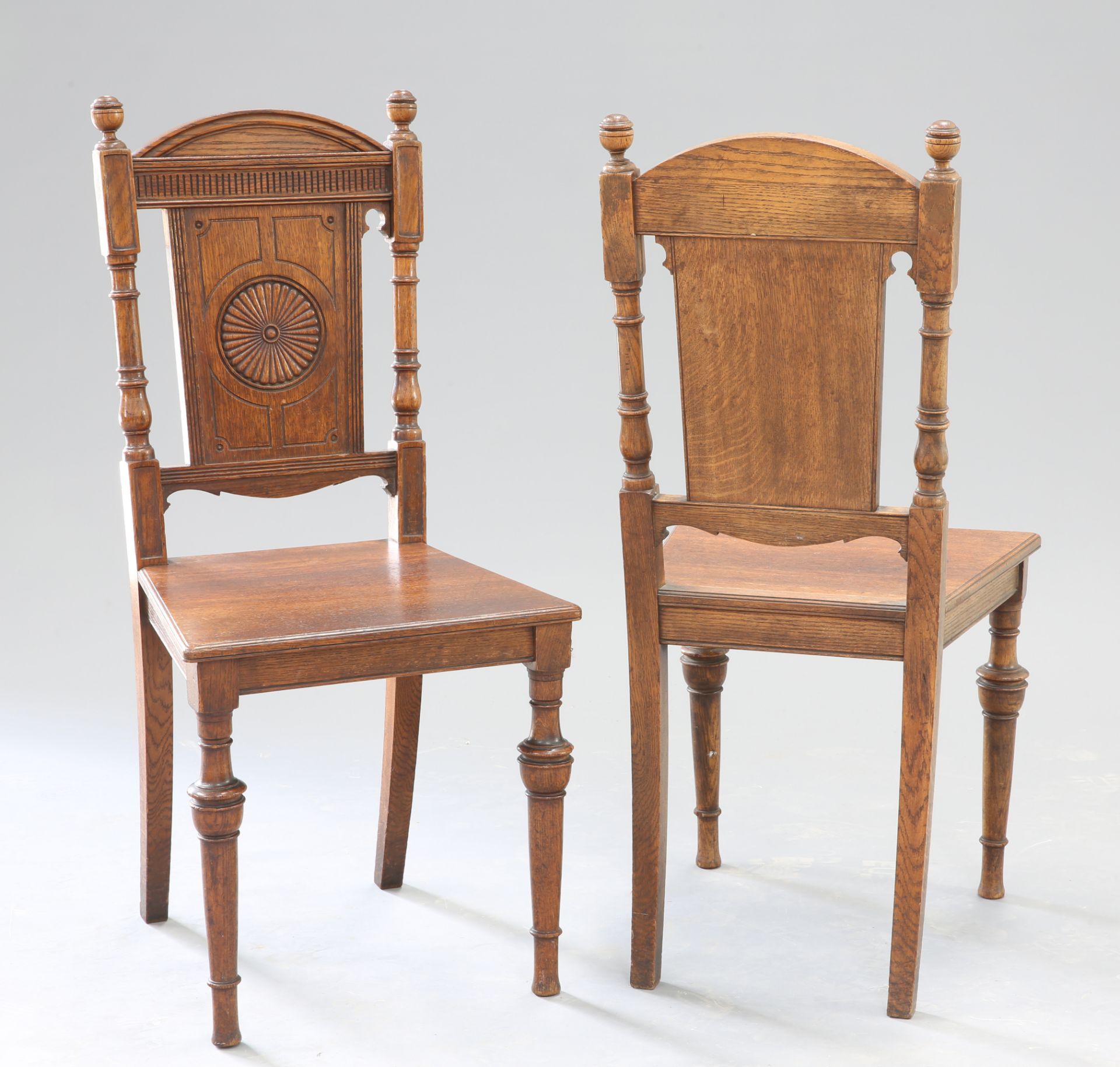 A PAIR OF AESTHETIC MOVEMENT OAK HALL CHAIRS, CIRCA 1880 - Image 2 of 2