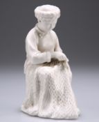 A BLANC DE CHINE FIGURE OF A SEATED WOMEN REPAIRING A FISHING NET