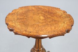 A VICTORIAN INLAID BURR WALNUT TRIPOD TABLE