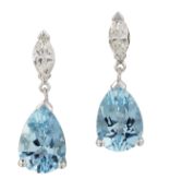 A PAIR OF 18CT WHITE GOLD AQUAMARINE AND DIAMOND PENDANT EARRINGS