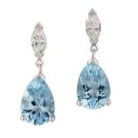 A PAIR OF 18CT WHITE GOLD AQUAMARINE AND DIAMOND PENDANT EARRINGS