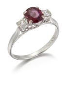 A RUBY AND DIAMOND THREE STONE RING